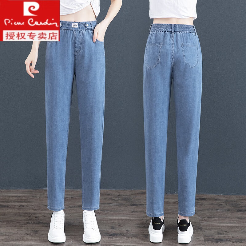 裤女薄款高腰九分休闲裤2024春夏新款松紧腰 广州新塘牛仔裤浅蓝色