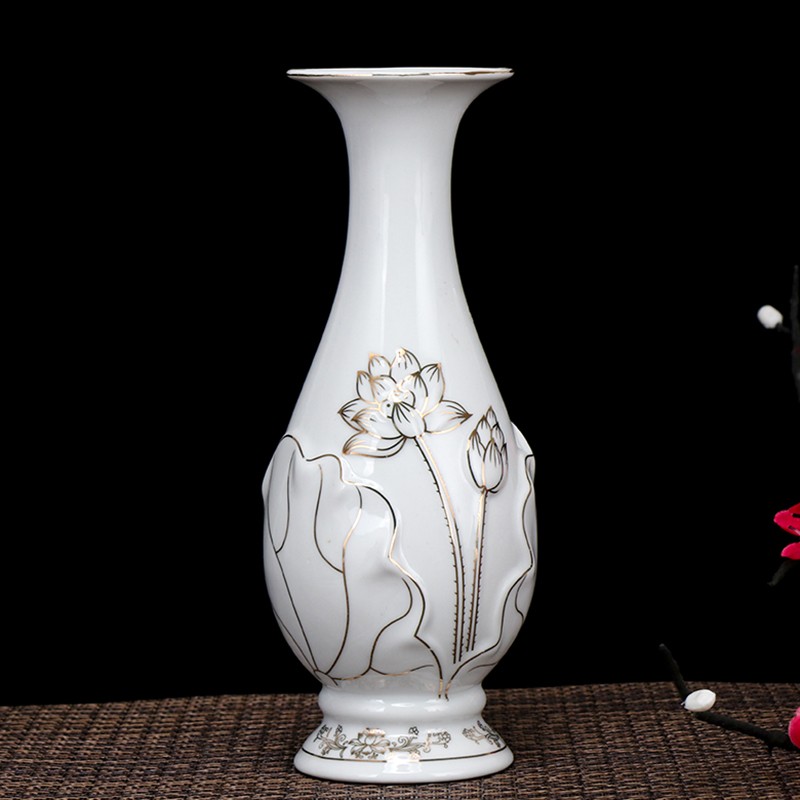 圆通工艺 陶瓷供佛花瓶插花艺浮雕莲花佛前供花观音瓶佛堂摆件用品玉
