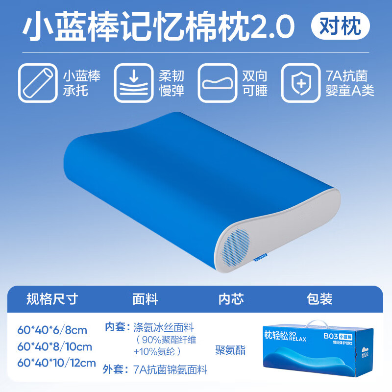 网易严选枕头B03小蓝棒学生宿舍护颈椎助睡眠记忆棉枕芯颈椎枕 B03小蓝棒2.0礼盒款（对装）+A类牛奶丝枕套 12cm 10-_(高枕)