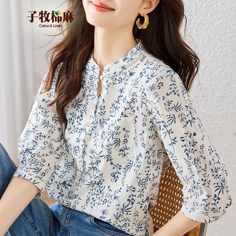 子牧棉麻2024夏装 女小清新碎花短袖上衣时尚百搭小衫青花瓷印花衬衫3690 青花瓷 XL (建议125-140斤)