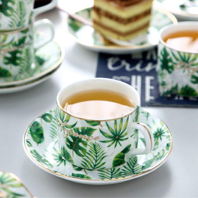 Edo欧式咖啡杯套装 轻奢绿色描金咖啡杯 创意陶瓷下午茶杯「6杯6蝶+架子 礼盒装」
