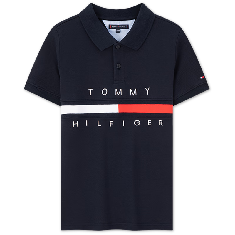 Tommy Hilfiger春夏童装男拼色织带字母印花潮流休闲运动翻领短袖T恤POLO衫 藏青色002 160 14/160cm