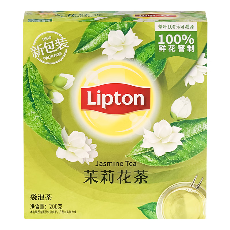 立顿（Lipton）茉莉花茶 茶叶茶包 办公居家旅行茶饮 茶碎袋泡茶 （非独立包装）茉莉花茶2g*100包