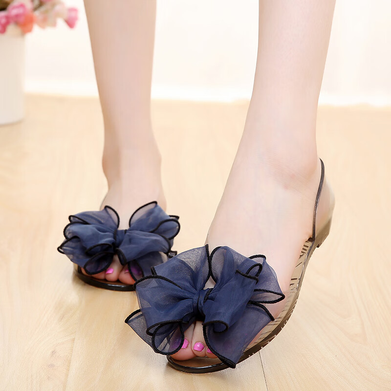 离境天果冻鱼嘴凉鞋平底女夏春新款单鞋女夏平底蝴蝶结果冻鞋女透明