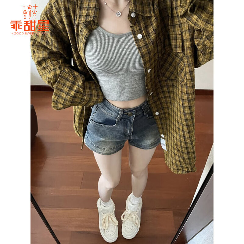 乖甜星美式復(fù)古辣妹高腰牛仔短褲女夏季2025新款顯瘦彈力a字包臀熱褲子 復(fù)古藍(lán) XL
