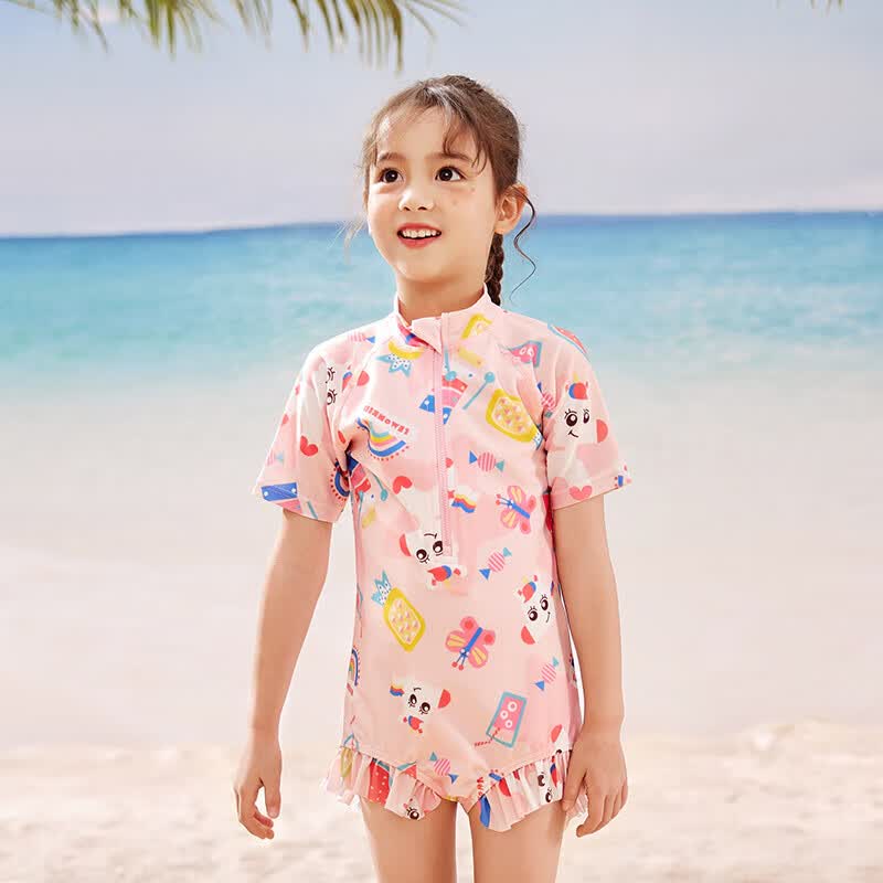 lemonkid儿童泳衣男女童泳裤速干连体宝宝夏游泳套装 甜橘粉独角兽 110怎么看?