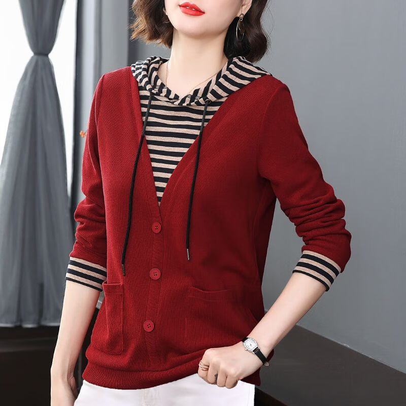 假两件连帽卫衣女洋气长袖t恤新款春装大码上衣 枣红色收藏宝贝优先 m