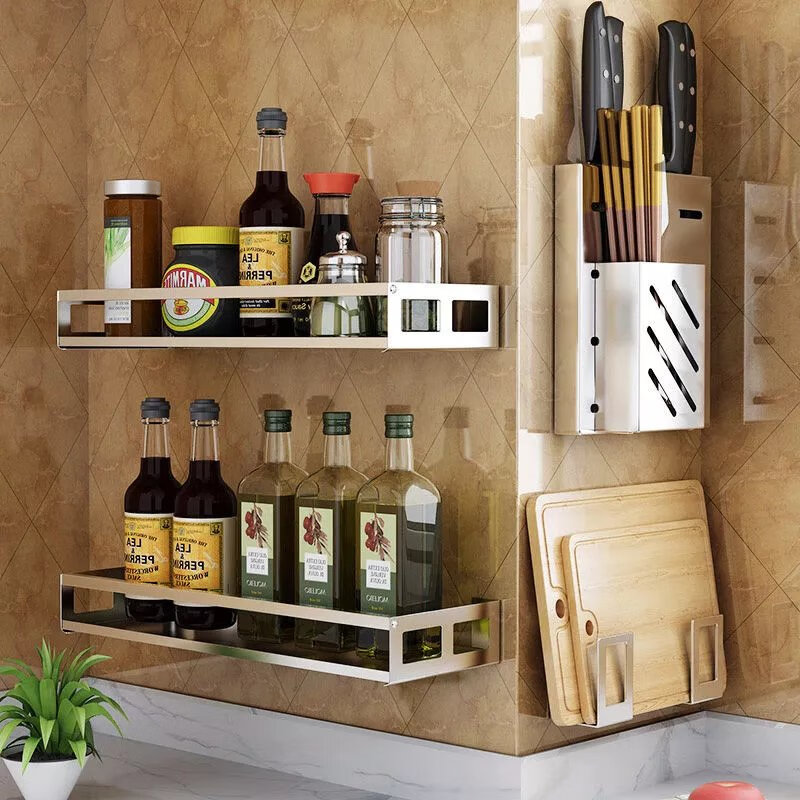 【精选】厨房调料置物架不锈钢调料架壁挂式免打孔调味品油盐酱醋 刀架 【免打孔】+免钉胶