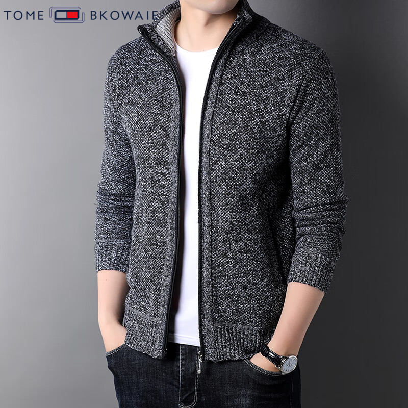 汤米芙兰可加绒加厚针织外套男2025年秋冬新款商务休闲保暖宽松毛衣开衫 深灰加绒 XL (175)(建议140-155斤)