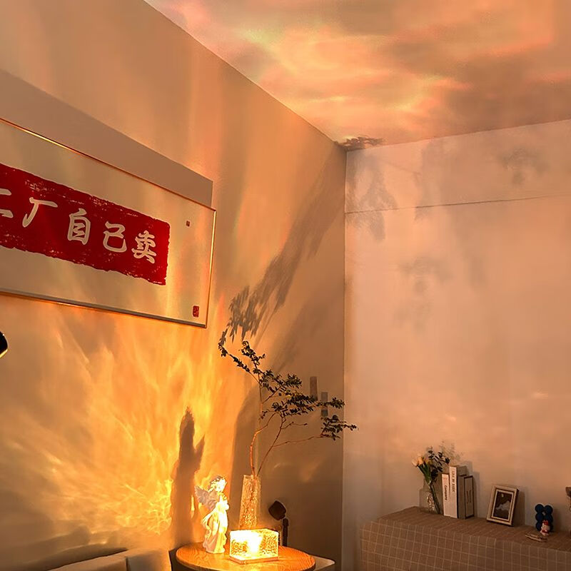 曜添高颜值水波纹氛围灯动态火焰亚克力小夜灯卧室直播投影背景北极光 基础单色黄光 usb插电款