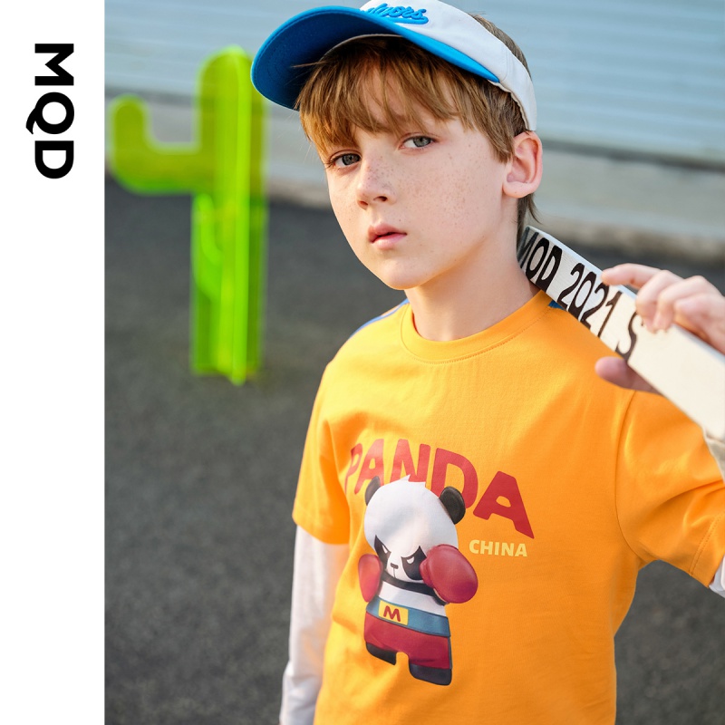 MQD童装男童短袖T恤21春夏新款卡通纯色上衣儿童套头打底衫潮 活力橙 120cm