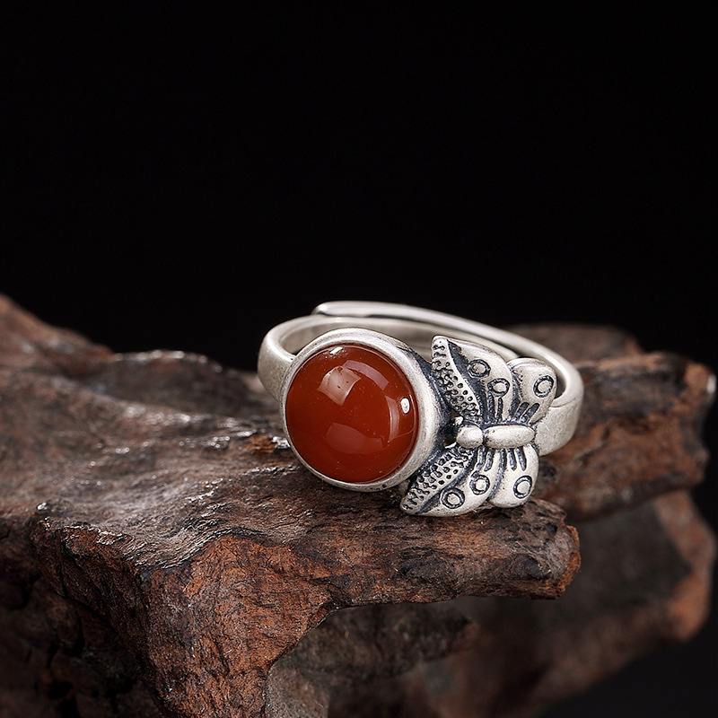 S925银蝴蝶戒指天然南红玛瑙开口个性 复古女指环 天然南红戒指 开口可调节