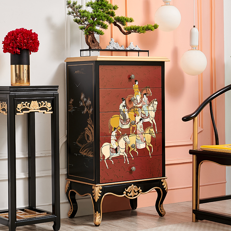 品涵艺术家具新中式国潮复古风法式红色彩绘人物实木卧室五斗柜多斗
