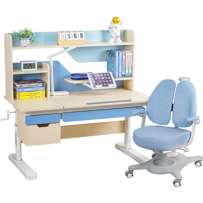 生活诚品 中国台湾品牌实木儿童学习桌椅套装儿童书桌多功能可升降带书架写字桌 ME7502(1.2米)+AU8607双背椅蓝