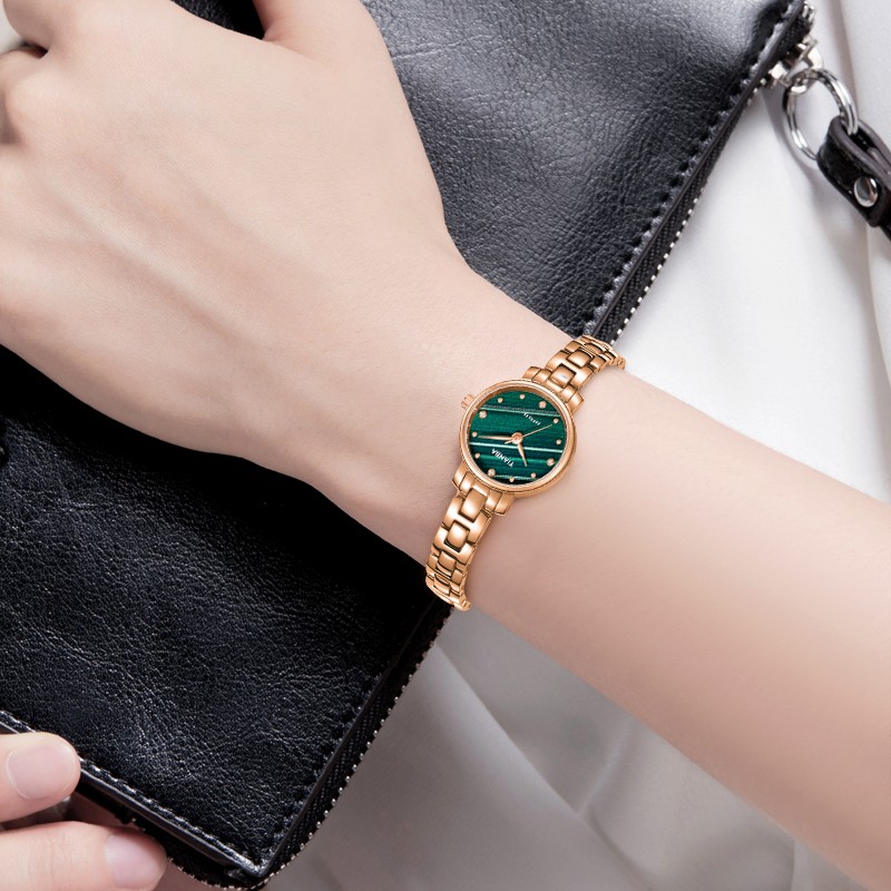 天霸石英手表女ins风小绿表轻奢时尚手链表防水女表7023 玫瑰金绿色