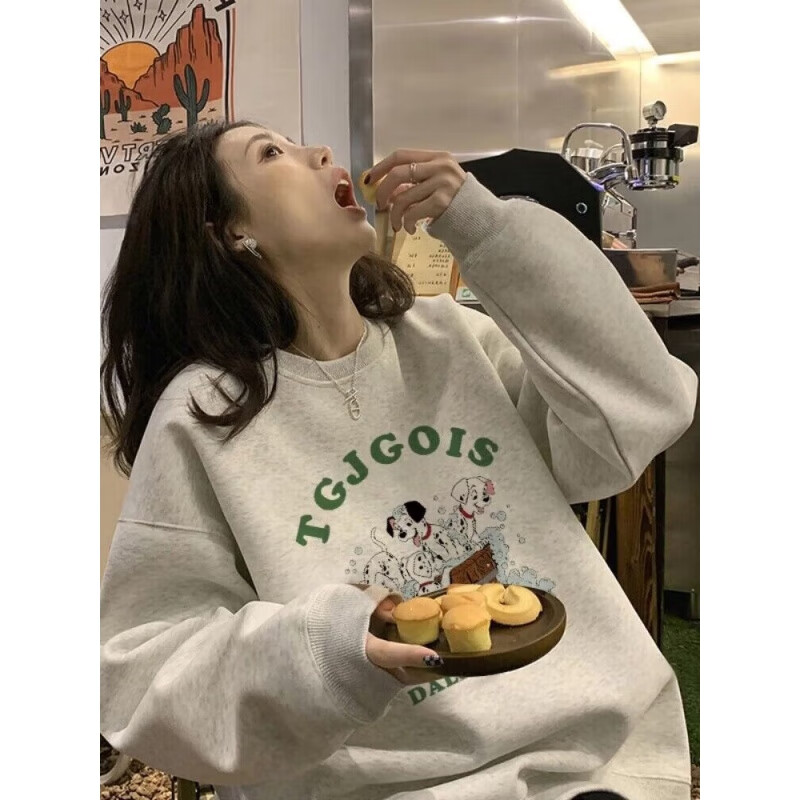 她风采美式vibe复古学院风可爱小狗印花圆领卫衣女秋冬季潮百搭宽松
