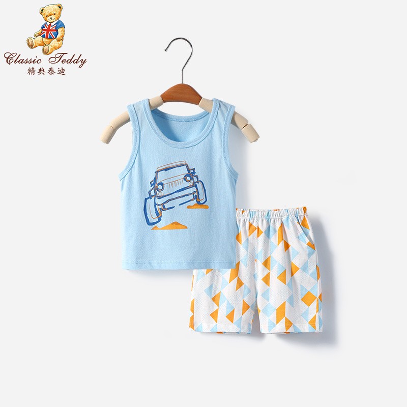 精典泰迪Classic Teddy 宝宝短袖套装纯棉婴儿短袖短裤夏季儿童两件套 汽车蓝 80cm(12-18个月)