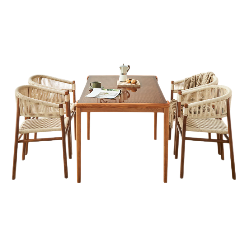 藤妃家用实木餐桌现代简约玻璃面吃饭餐桌椅组合北欧创意麻绳编织餐椅 餐桌