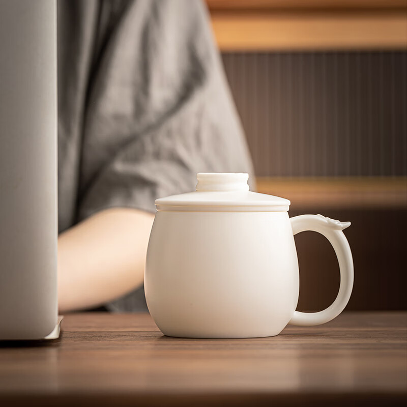 流影高档羊脂玉茶杯单个茶水分离泡茶杯马克杯德化白瓷办公杯礼品定制 丹凤金鱼对杯-吉祥如意