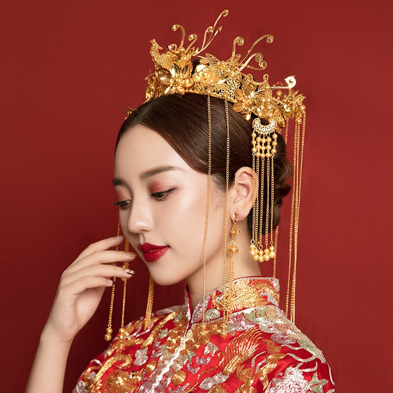 尚戈（SHANGGE）新娘秀禾服凤冠头饰中式婚礼大气流苏步摇发饰结婚龙凤褂古典凤冠 秀禾凤冠/耳夹款+礼盒