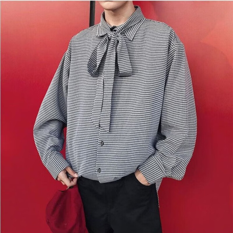 泽万邦春夏格子长袖衬衫男港风chic雪纺千鸟格休闲领带衬衣韩版情侣