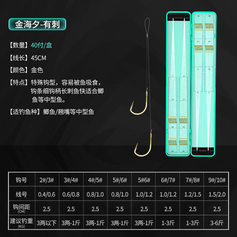 40付進口魚鉤綁好成品子線雙鉤套裝金海夕金袖鉤鯽魚雙鉤釣魚鉤 高品質(zhì)金海夕有刺【鉤910+線1.52.0各20