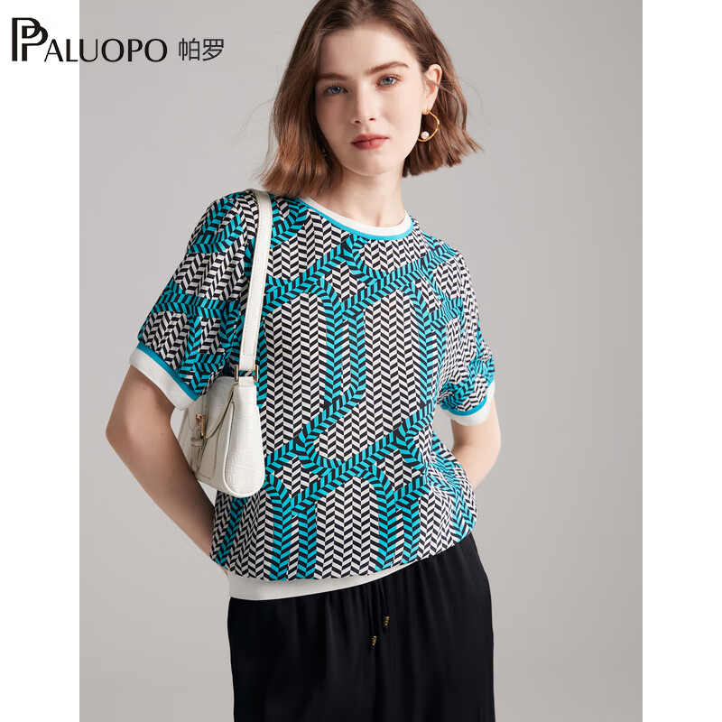 帕罗（PALUOPO）双绉新款真丝短袖体恤女士圆领印花100%桑蚕丝休闲百搭t上衣 黑蓝 L (165/88A)