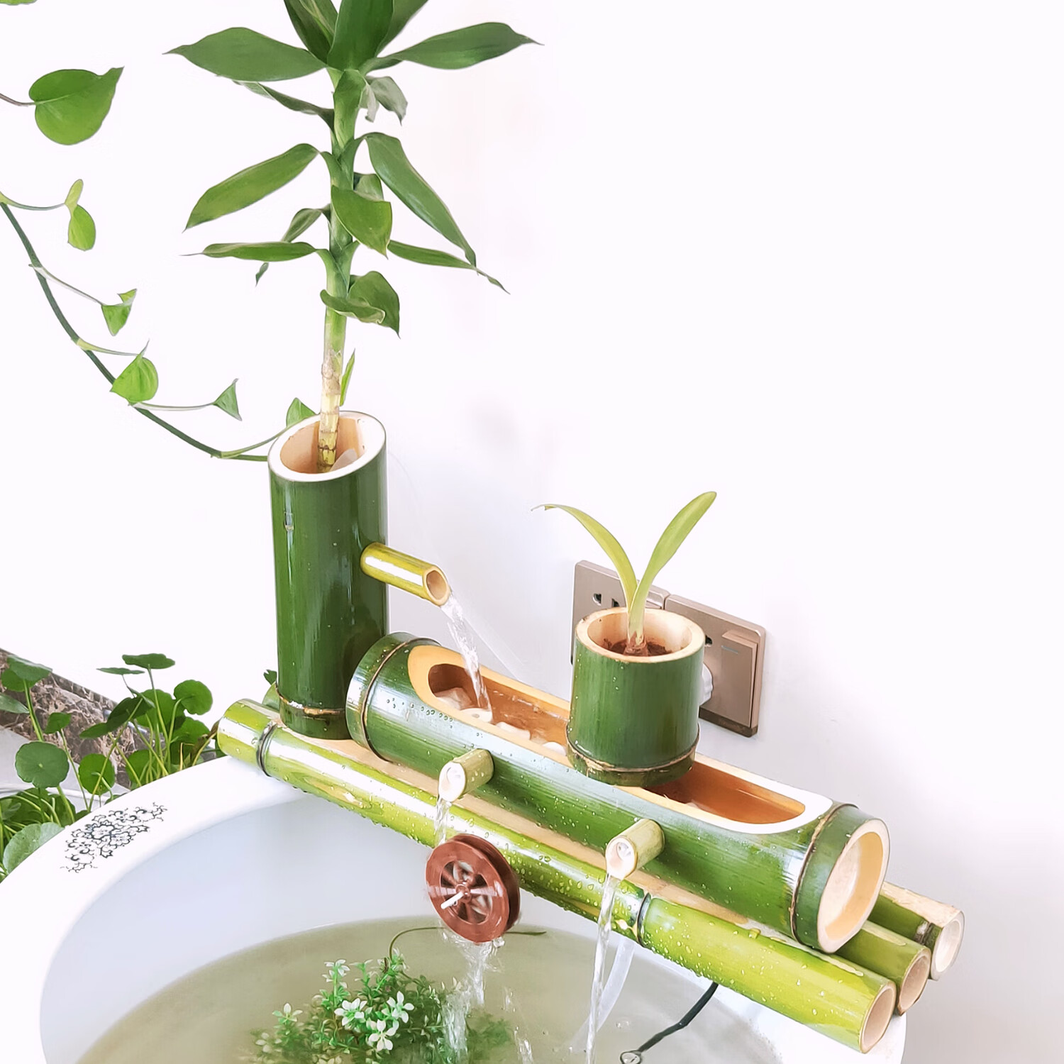 f款 竹子流水器竹筒流水养鱼过滤金鱼缸摆件水循环流水自制喷泉 原色