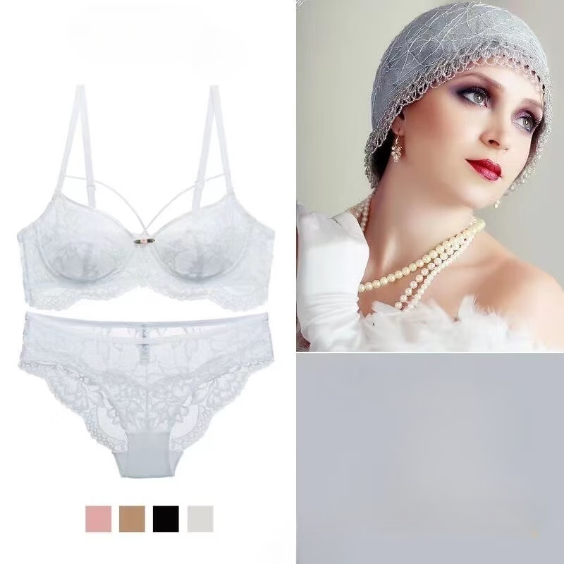 缘内衣女肤色超薄款蕾丝性感纯欲火辣大胸显小上托大码文胸套装 白色