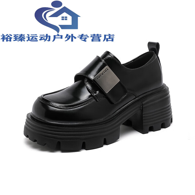 山头林村轩美诗女鞋厚底小皮鞋2024年春季圆头牛皮单鞋金属扣 黑色 35