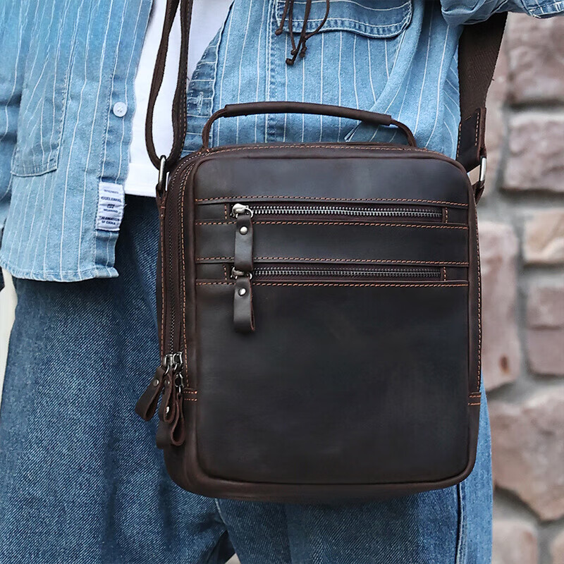 mospoke新款斜挎包男款大容量皮复古男士包包单肩包男士皮包 6688啡色