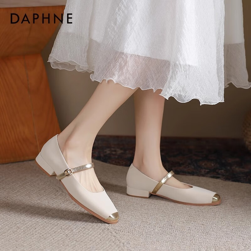 达芙妮玛丽珍女鞋2024新款春秋法式气质小香风皮鞋拼色一字扣单鞋QJ1Q 米金色 39