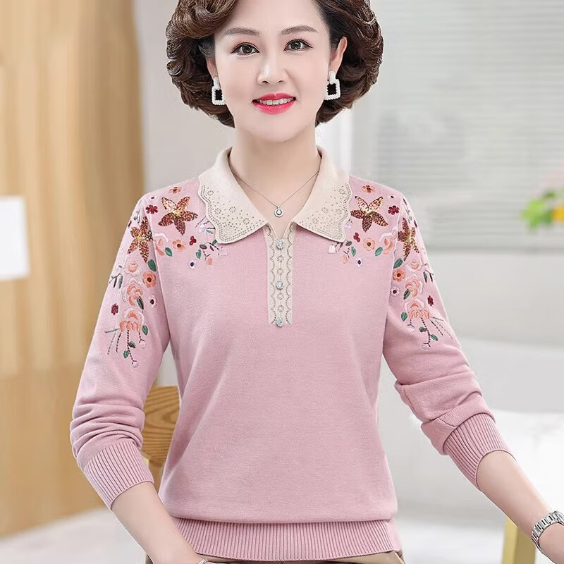 暮恋慈中年妈妈秋装长袖针织小衫绣花上衣新款薄中老年女春秋洋气打底