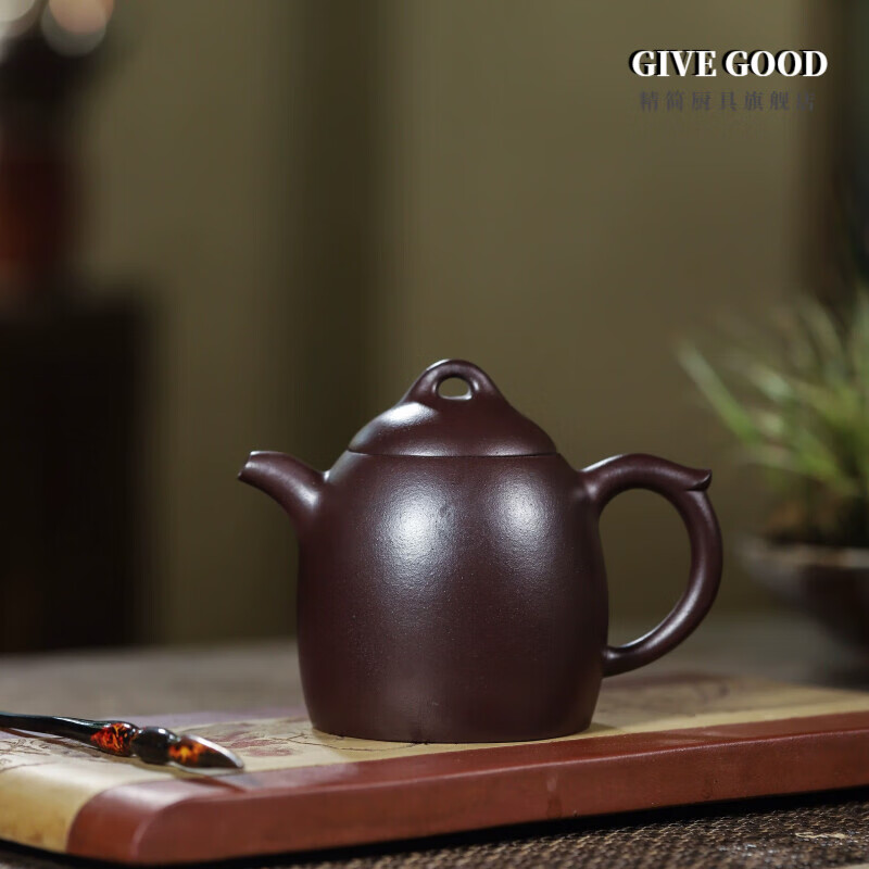 givegood宜兴全手工原矿紫砂壶余美珍紫石黄泥圆器秦权壶 透明 201m-l