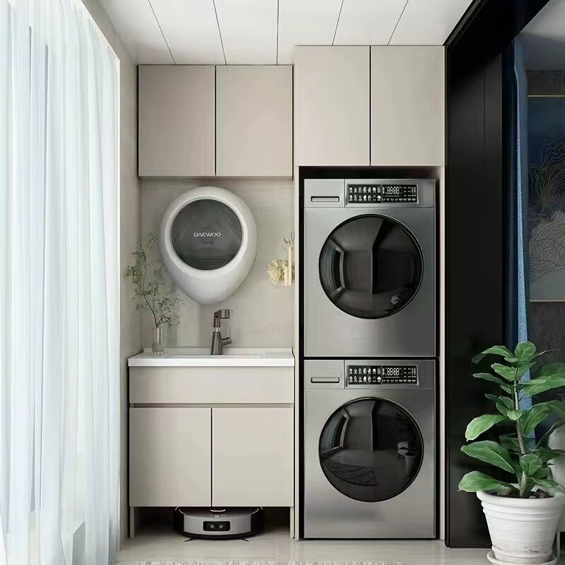 迪诗曼太空铝阳台柜洗衣柜储物柜定制铝合金洗衣机烘干机组合一体柜 洗烘组合柜（奶油风）