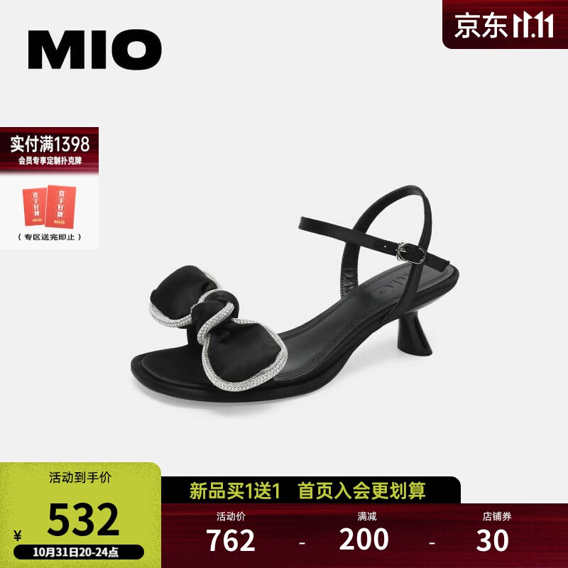 MIO米奥夏季新款俏皮优雅高级简约女王蝴蝶结中跟时装凉鞋 黑色 36