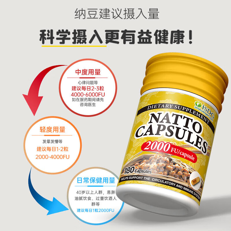 ISDG日本进口纳豆激酶胶囊疏通心脑守护血管健康1瓶顶3瓶降血压保健品 美版纳豆 180粒*1瓶 【赏味期27年4月】
