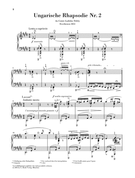 李斯特 第2匈牙利狂想曲 钢琴独奏带指法 德国henle 亨乐原版乐谱书
