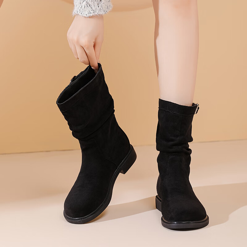 达芙妮平底短靴女秋单靴厚底马丁靴褶皱西部牛仔堆堆靴女 黑色 38