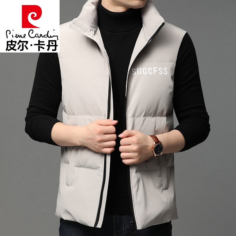 白鸭绒羽绒服男士马甲冬季立领加厚保暖无袖坎肩韩版背心外套针织 米