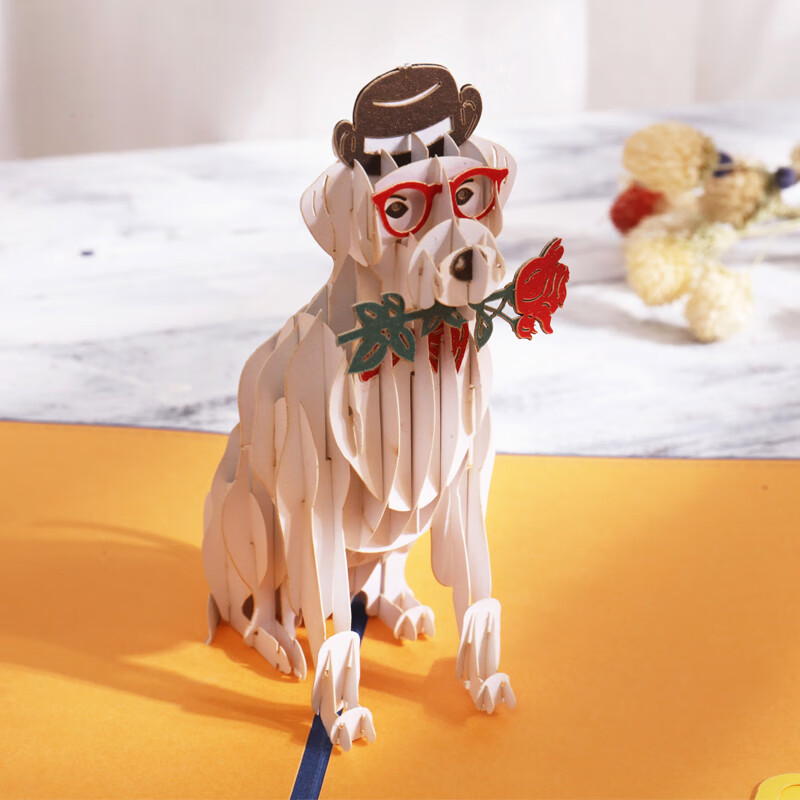 生日纪念日送女友礼物情人节表白卡片小狗和玫瑰 小狗与花朵(白色)