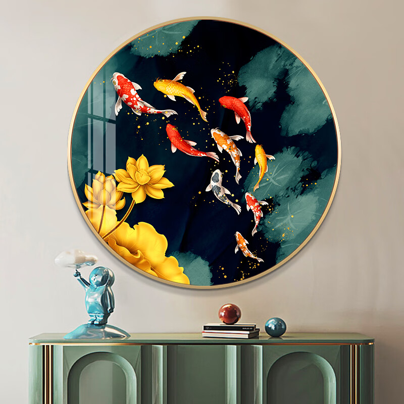 入户九鱼图大气现代挂画 九鱼聚财a 直径40cm40cm摩登黑铝合金拉丝画