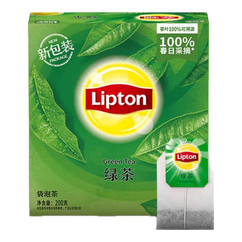 立頓（Lipton）茶包紅茶綠茶茉莉花茶烏龍茶葉辦公室下午茶奶茶原料酒店會議專供 （春日綠茶）盒裝200g100包綠茶
