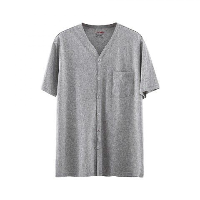 蓝骏启中老年汗衫短袖t恤男系扣开衫宽松老头衫爸爸对襟背心 1件浅灰