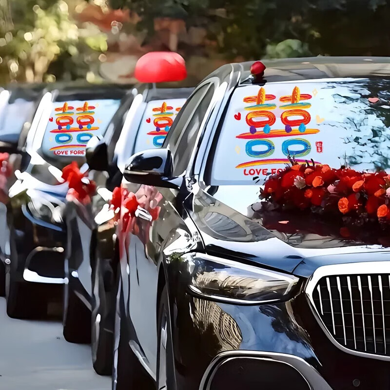 圣喜安婚車車隊(duì)裝飾拉花結(jié)婚車花汽車彩帶副車花車婚慶用品大全布置套裝 囍+大喜的日【6倆婚車裝飾】