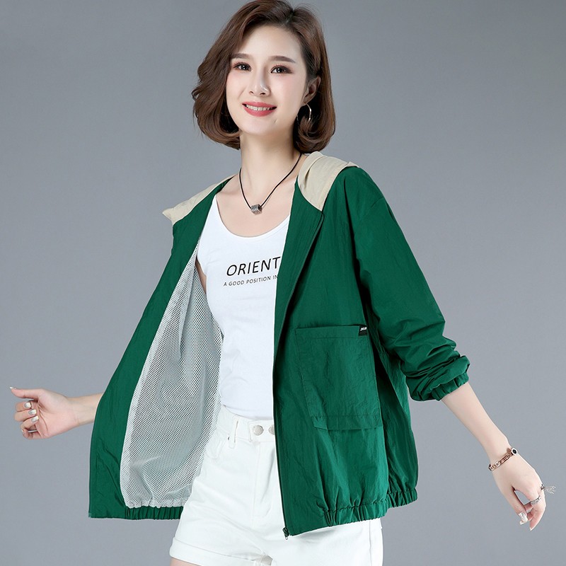 春夏外套女薄款夏季新款宽松女士洋气休闲长袖网纱连帽上衣服 绿色 m