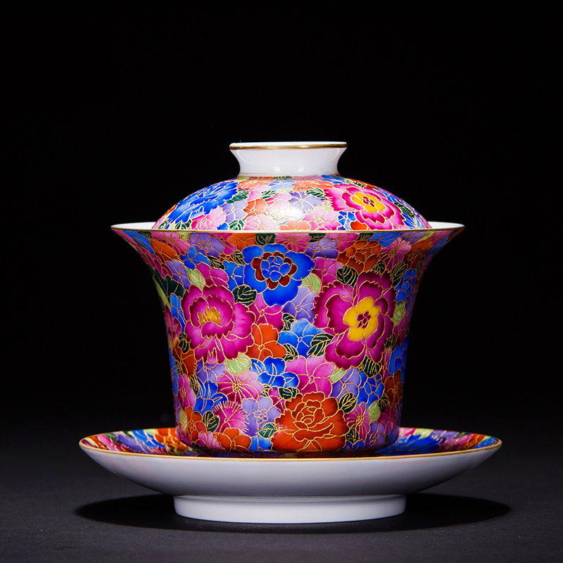 创意掐丝珐琅大气功夫茶具送长辈彩泡茶器三才杯万花茶盖碗家用大气