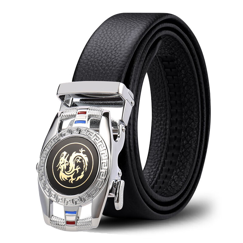 CHALKIN男士皮带真皮自动扣头层牛皮龙头图案腰带中青年裤腰带送老公礼物 银色龙图腾 125cm 体重160-175/裤码37-39