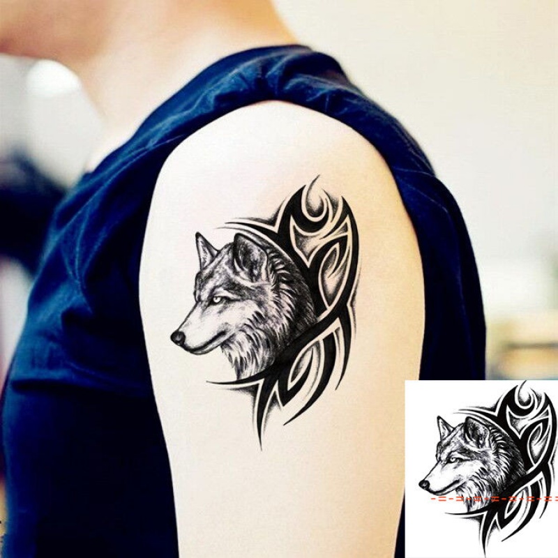 千色集狼头图腾纹身贴纸 男女款胸部大手臂纹身贴 防水逼真刺青孤狼