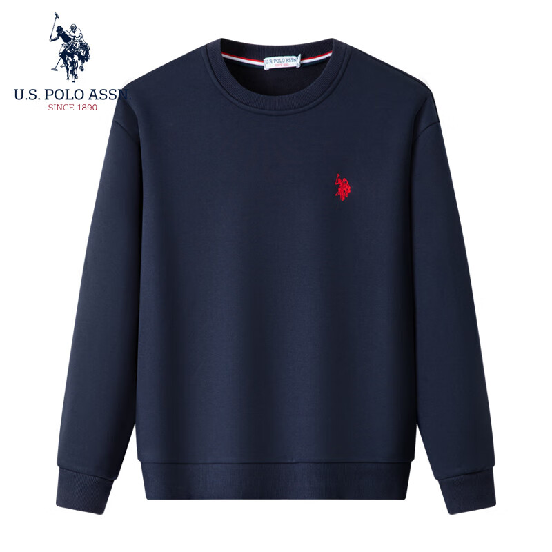 U.S. POLO ASSN.保罗卫衣男春秋款加绒休闲长袖t恤男士圆领卫衣套头男装 藏青 M/165（105-120斤左右）